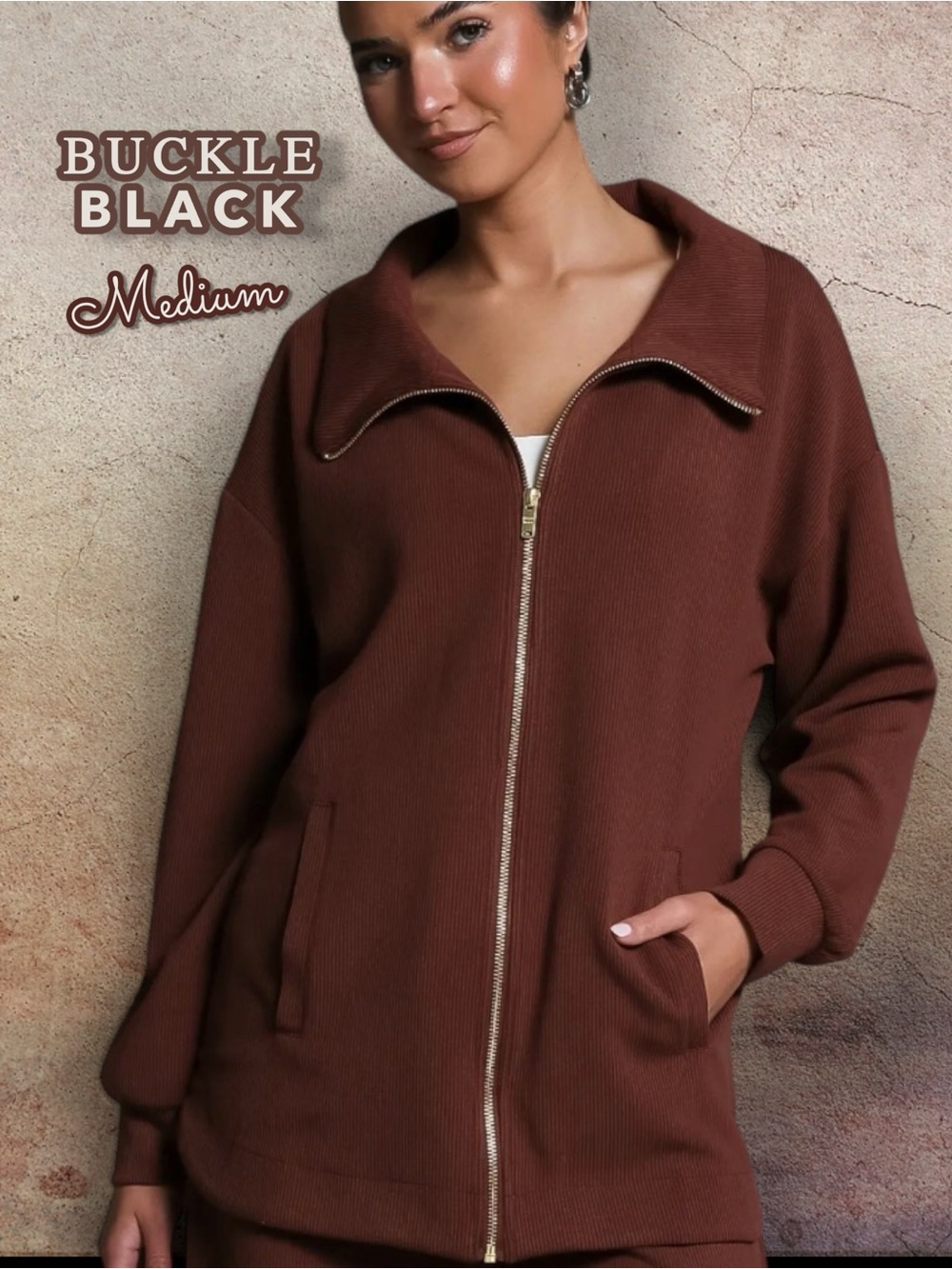Buckle Black Ribbed Full Zip Jacket Brown Medium Collared Knit Medium Andorra
